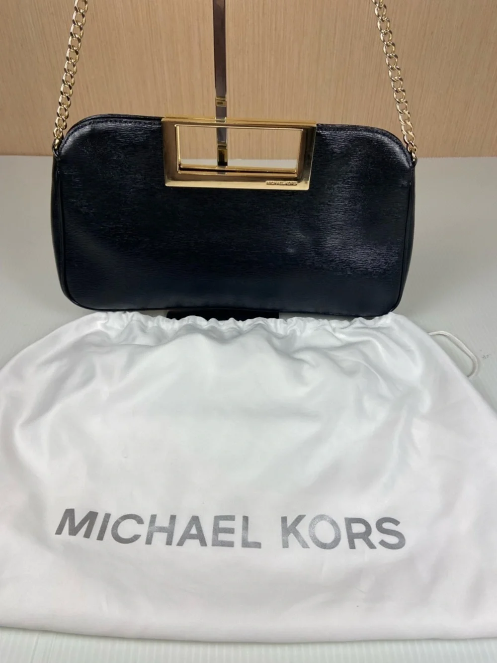 Michael Kors Black Leather Frame Clutch Gold Bar Handle Evening Bag Chain Strap